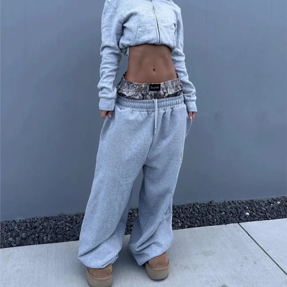 Y2K Retro Sweatpants Double Waisted Embroidered Camouflage Pattern Wide Leg Pants Men Clothes Goth Streetwear Unisex Baggy Pants
