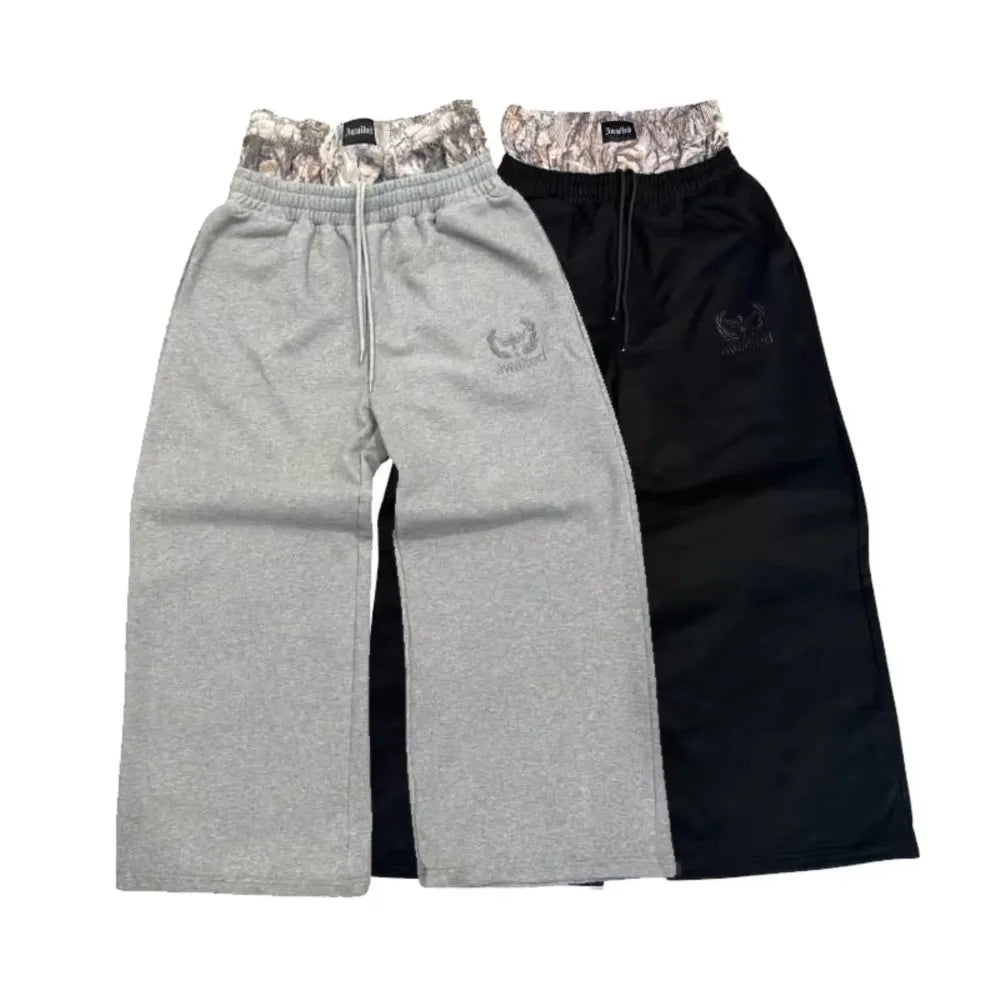 Y2K Retro Sweatpants Double Waisted Embroidered Camouflage Pattern Wide Leg Pants Men Clothes Goth Streetwear Unisex Baggy Pants