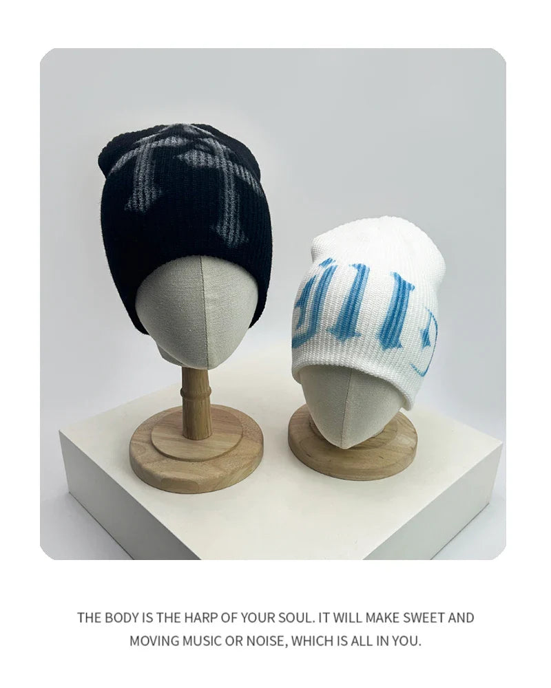 Street Letter Print Knitted Hats Y2K Warm Personal Versatile Casual Beanies Autumn and Winter New Unisex Fashion Japanese Niche
