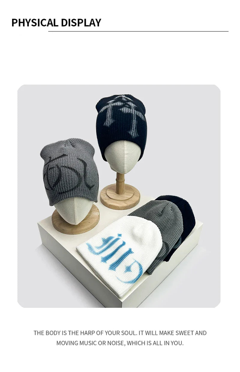 Street Letter Print Knitted Hats Y2K Warm Personal Versatile Casual Beanies Autumn and Winter New Unisex Fashion Japanese Niche